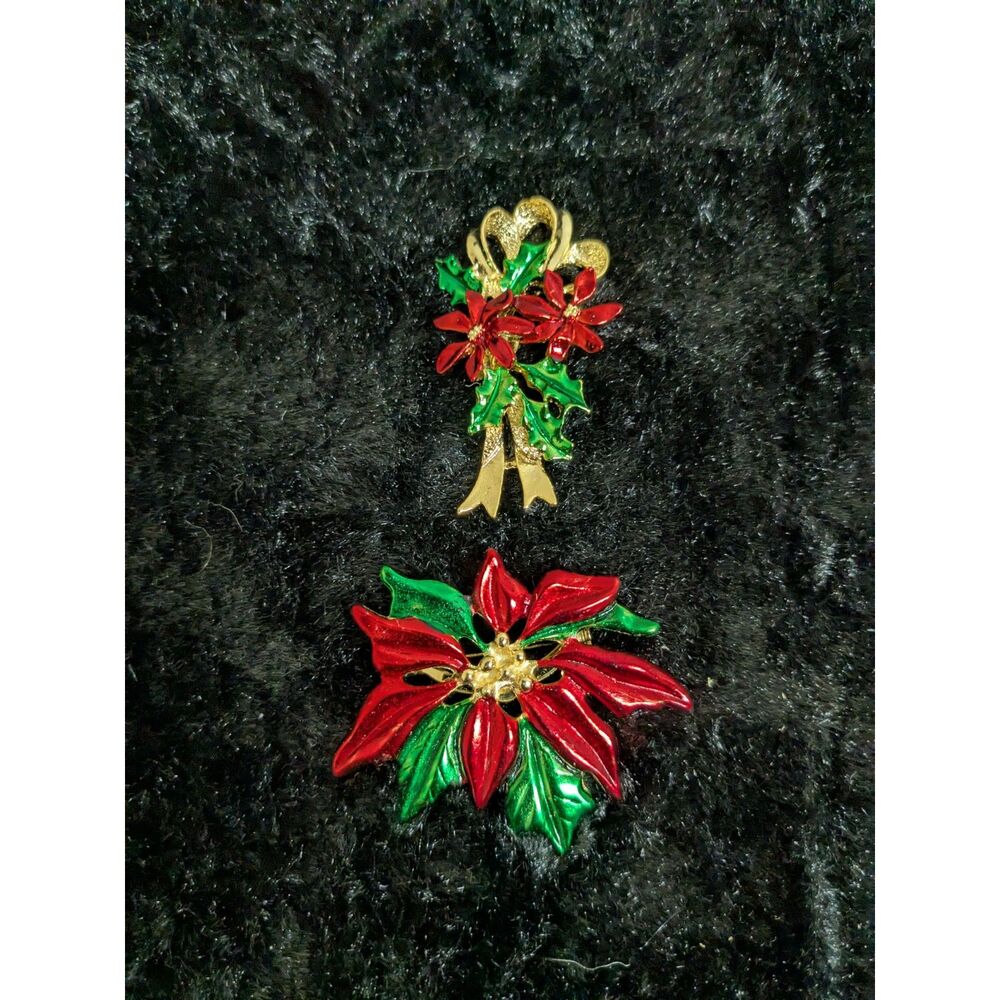 Vintage Gerry's Christmas Brooches Poinsettia Holly EUC Y2K
